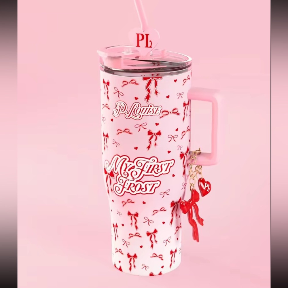 P. Louise “My First Frost” smaller Red,Pink and White PL Travel Tumbler w Straw